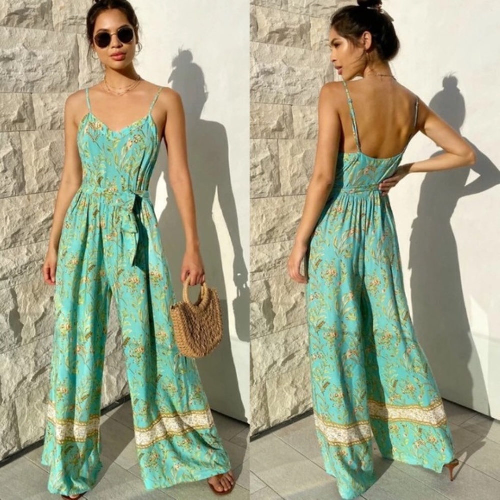 boho mint floral print belted wide leg jumpsuit